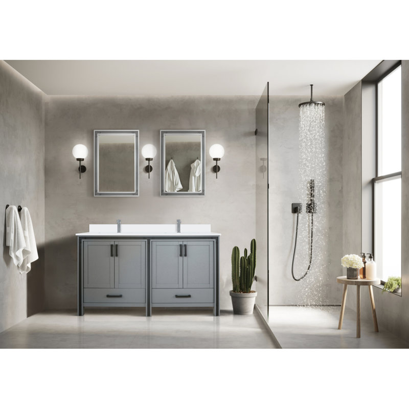 Meuble-lavabo double gris foncé 60 po X P 22 po D, avec plateau en quartz blanc, Gris foncé