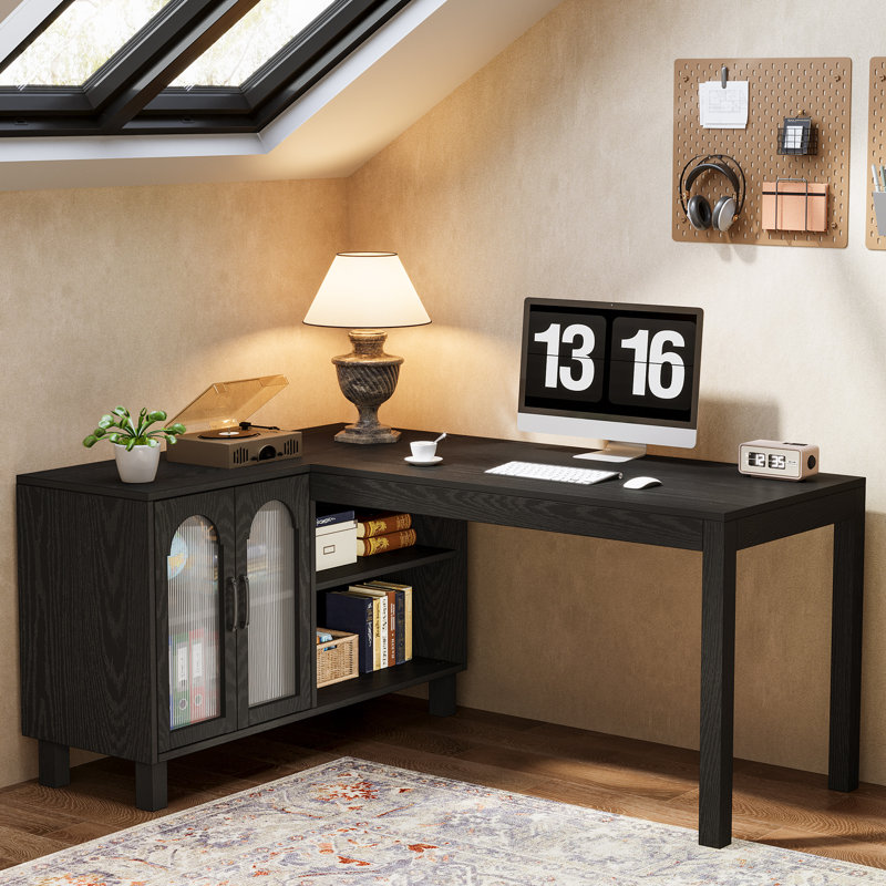 L Shaped Desk With Storage Cabinet, 59 Inch Corner Computer Desk Home Office Desk, Black