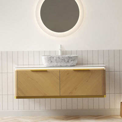 Ensemble de meuble-lavabo et lavabo 48 po, armoire de rangement en contreplaqué flottant, tiroirs avec poignée et capteur de lumière, vasque en céramique à motif marbré et plateau en pierre frittée, couleur grain de bois espresso