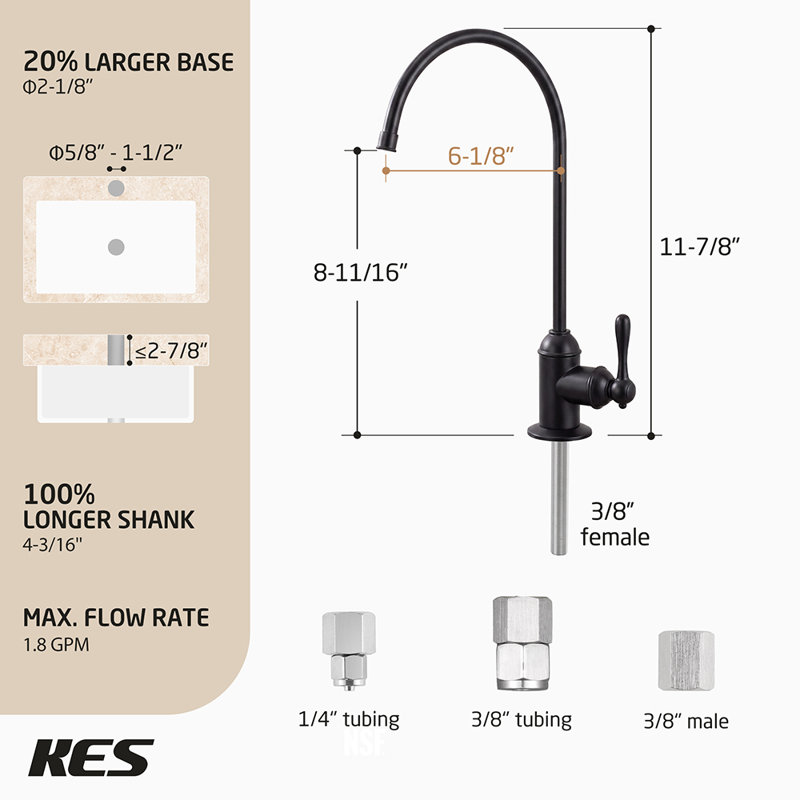 Robinet de filtration d'eau 1 trou à fixation sur le comptoir KES pour osmose inverse, noir mat, Noir mat