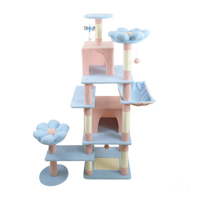 71 inch Blue Flower Cat Tree with Large Cat Condo Removable Flower Cushion Hammock Scratching Posts