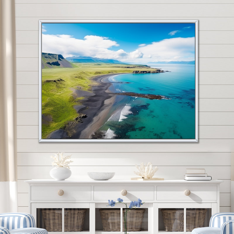 Beach Aerial View In Iceland III - Beach & Ocean Wall Art, White Floater Framed, 16" H x 32" W x 1" D