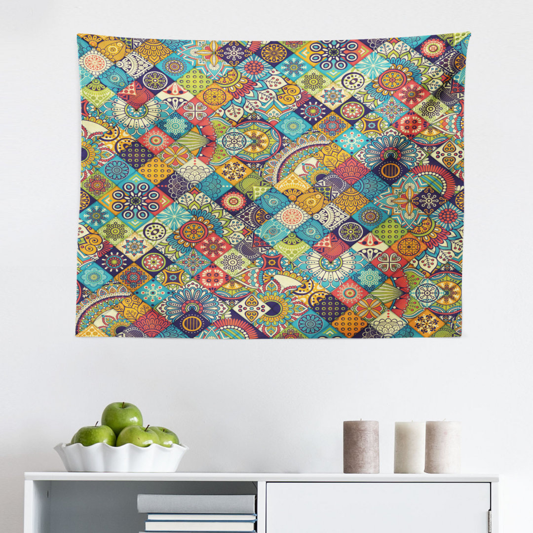 Bohemian Tapestry, Geometric Pattern Ornamental Floral Folk Art Abstract, Fabric Wall Hanging Decor For Bedroom Living Room Dorm, 45" X 30", Multicolor East Urban Home 
