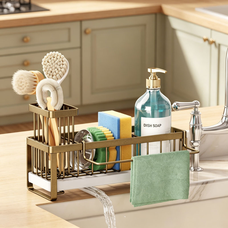 Porte-éponge pour évier de cuisine, porte-éponge autodrainant avec porte-brosse et séparateur, organisateur d'évier de cuisine en acier inoxydable pour comptoir, or foncé