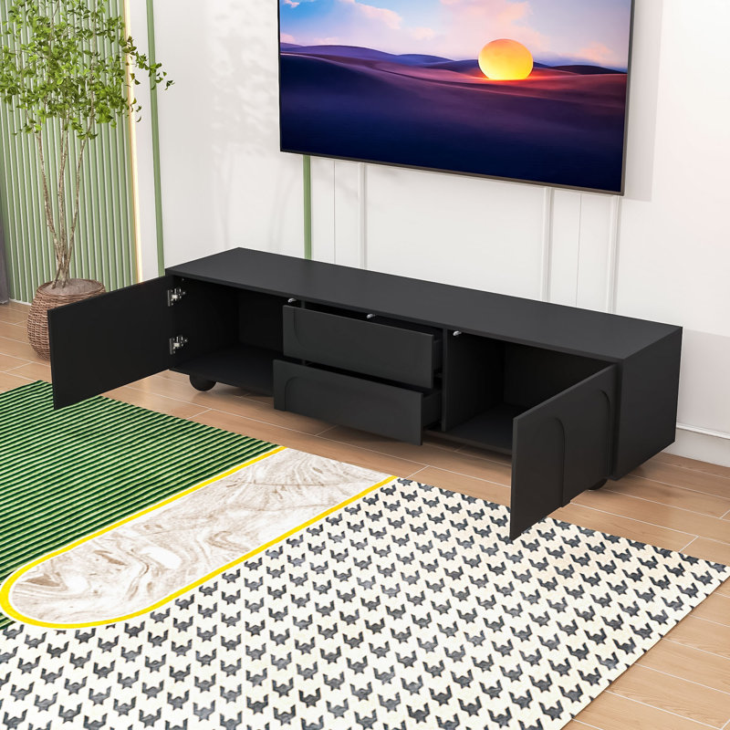 Meuble télé avec panneaux arqués et grand espace de rangement, Noir
