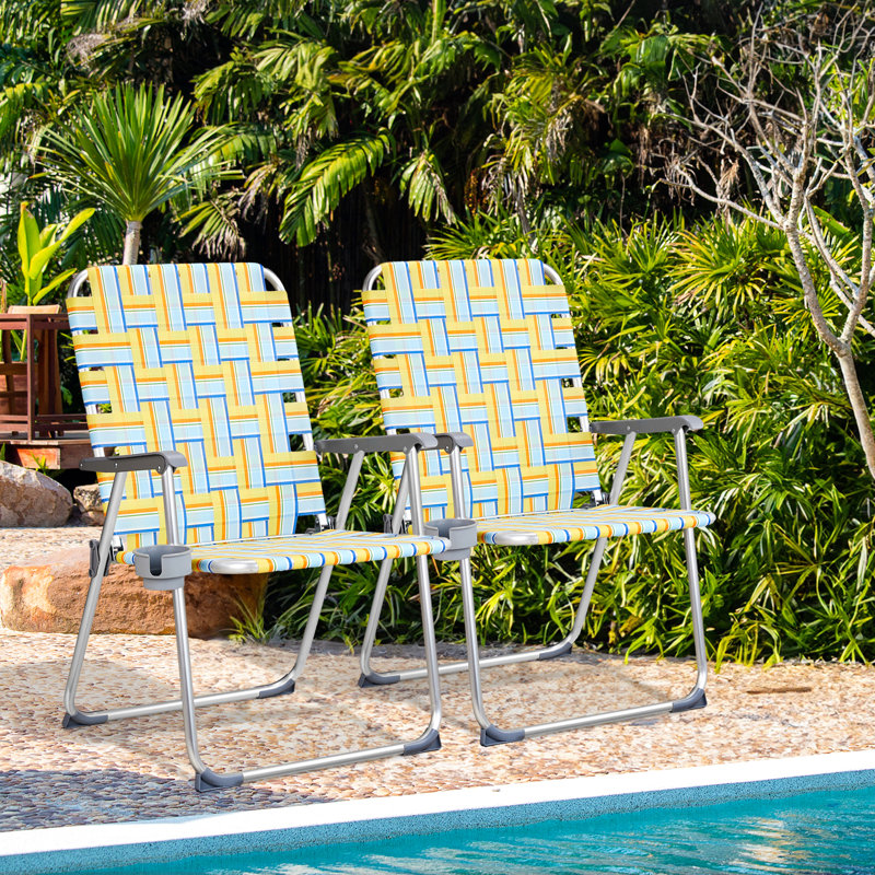 Chaise de plage pliante jaune et bleue avec porte-gobelet (ensemble de 2)