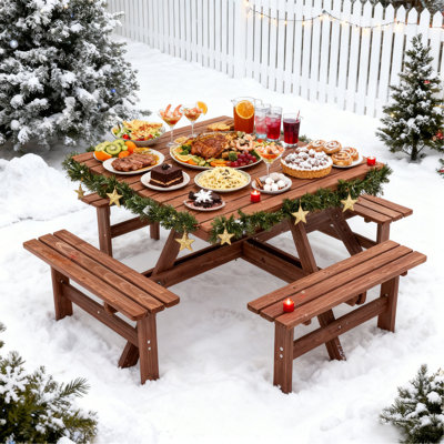 Table de pique-nique carrée pour 8 personnes avec trou pour parasol