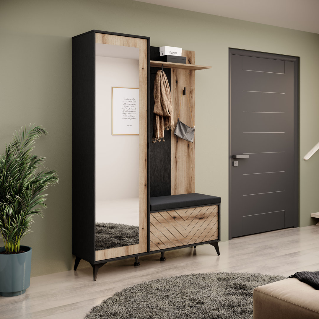 Entrance Wardrobe DIADEM, 134 Cm Wide, With Mirror, Black/Evoke Oak Colour