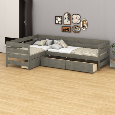 Lit plateforme simple en forme de L avec 3 tiroirs de rangement, cadre de lit en bois massif avec garde-corps de sécurité