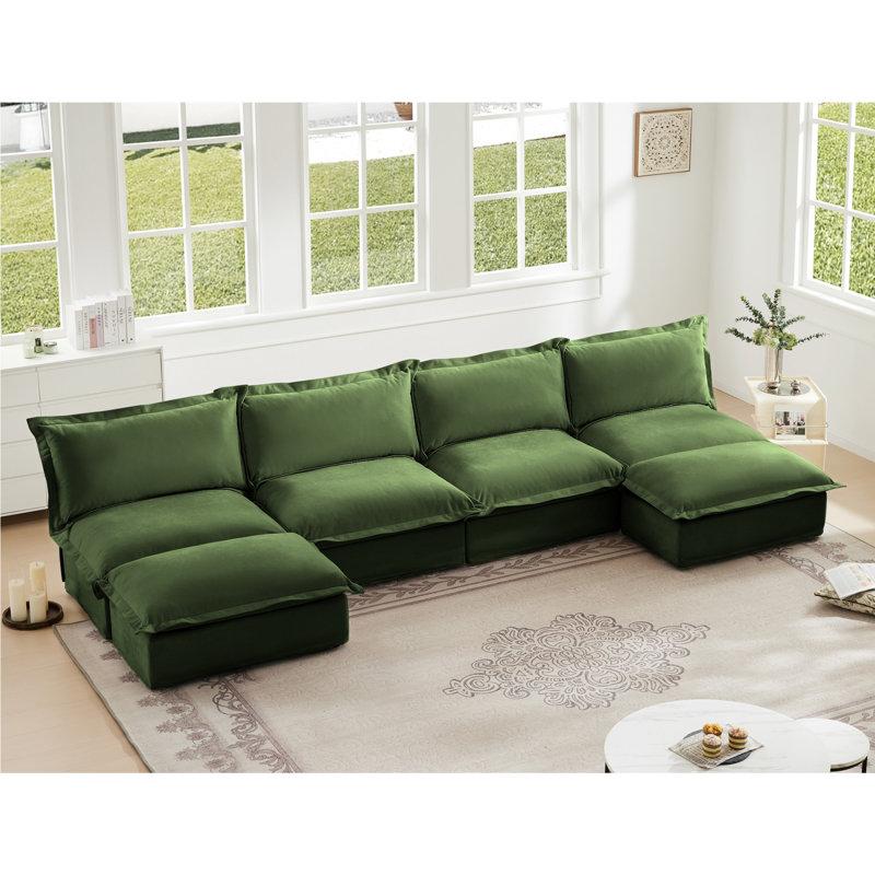 Canapé, repose-pieds en chenille, Vert, 4, H 34,6 po x l 55 po x P 146,4 po