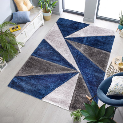 Shaggy Geometric Rug – 100% Polyester Soft Pile Carpet, Colourfast, Water & Soil Repellent, Anti-Static Modern Living Room Rug