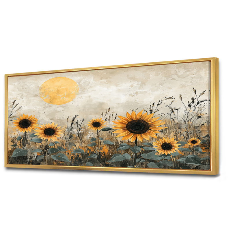 Hiver, tournesols, champs dans la campagne I - tournesols, art mural, H 28 po x l 60 po, Cadre flottant, Doré