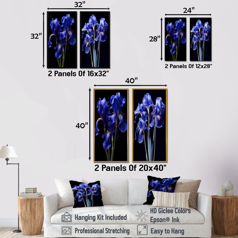 Élégants iris en noir et bleu - ensemble de 2 impressions sur toile Iris, H 28 po x l 25 po, Encadrement brun