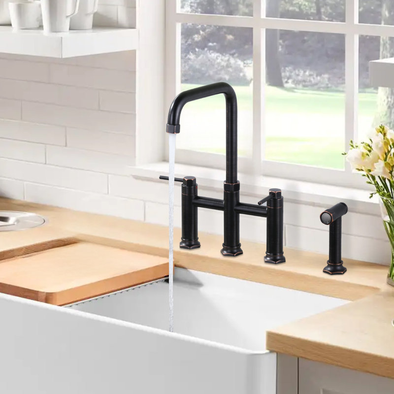 Brass 2-Handle Bridge Kitchen Faucet With Brass Side Sprayer 4-Hole Deck Mount Kitchen Faucet, Oil Rubbed Bronze