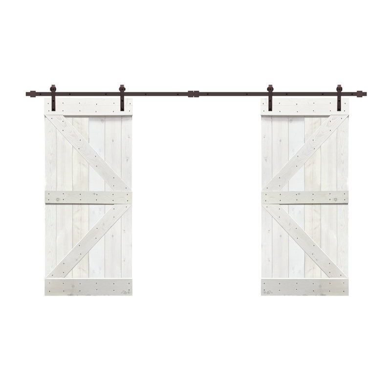 Porte de grange en panneaux de bois et métal teintés double pré-assemblé avec ensemble de quincaillerie d’installation, Blanc