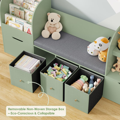 71.1"W Wood Kids Bookcase With 5 Drawers, Seat Cushion, Reading Nook & Toy Organizers