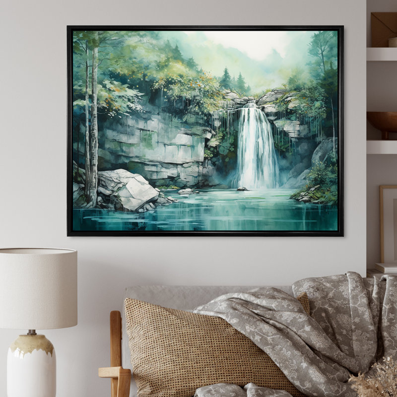 «Waterfall Cliff Scenery Magic» sur toile, H 24 po x l 32 po x P 1 po, Cadre flottant noir