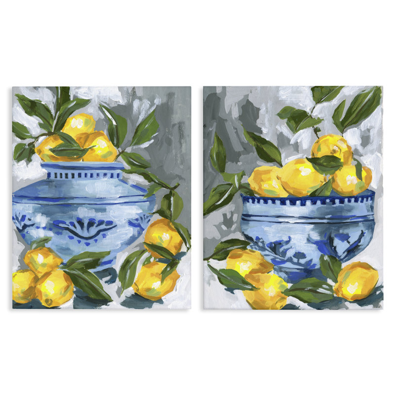 Ensemble de 2 toiles indigo et citron avec agrumes, design par Melissa Wang, H 30 po x l 24 po