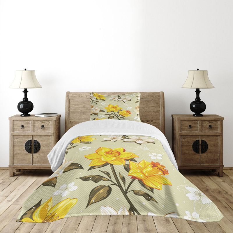 Ambesonne Spring Bedspread Floral Narcissus Branch, Twin Bedspread + 1 Standard Sham