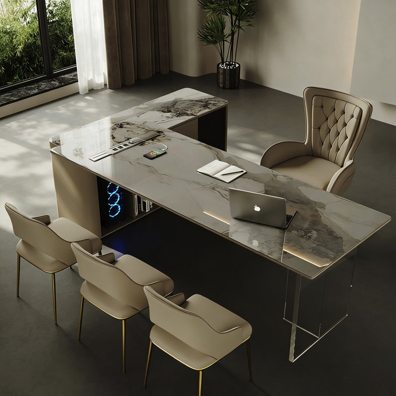 Modern Minimalist High-End L-Shaped High-Gloss Rock Slab Desk with Acrylic Legs & Leather Decor Cabinet