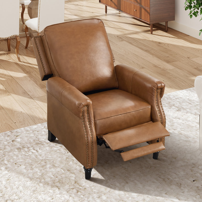 32.7'' Wide Classic and Comfort Top Genuine Leather Push Back Recliner with Nailhead Trim, Turmeric Brown