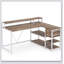 Bureau de bureau en L de 55 pouces avec élévateur de moniteur, tiroirs et tablettes de rangement, bureau d'ordinateur de coin pour les petits espaces, table d'écriture de style maison de campagne