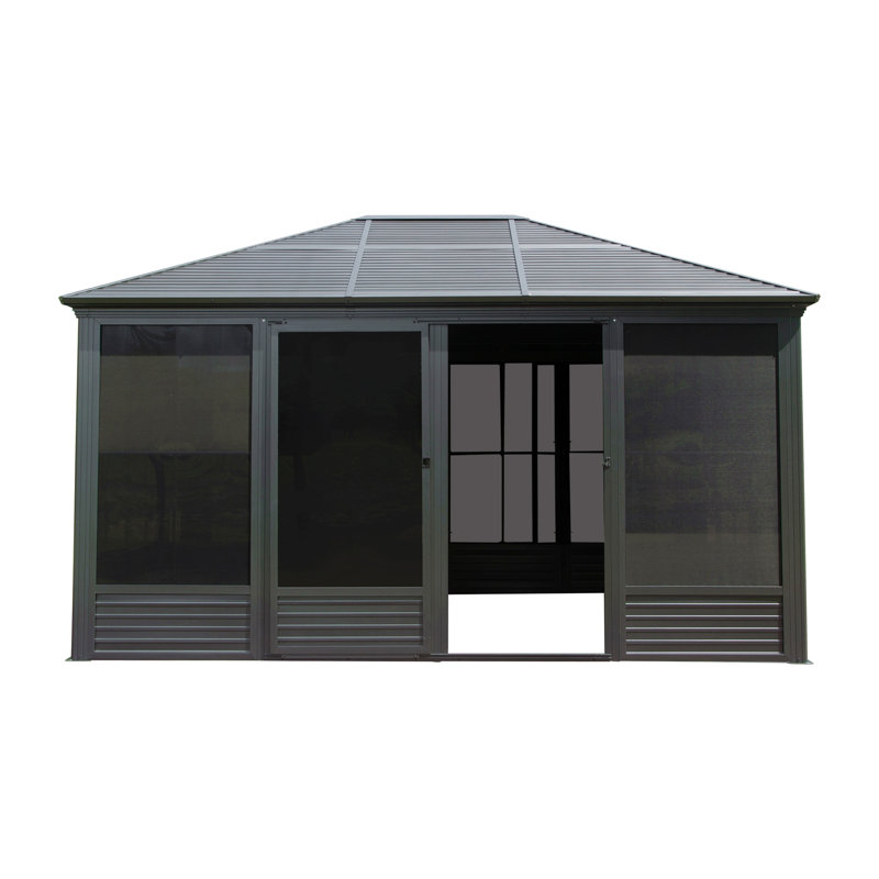 11.2X14.6Ft Sunroom, Four Season Solarium Aluminum Hardtop Gazebo With Galvanized Steel Roof, Movable Pvc Screen Walls, Sliding Doors, Sun Room Pavilion Gazebo For Patio Deck Backyard, Gray