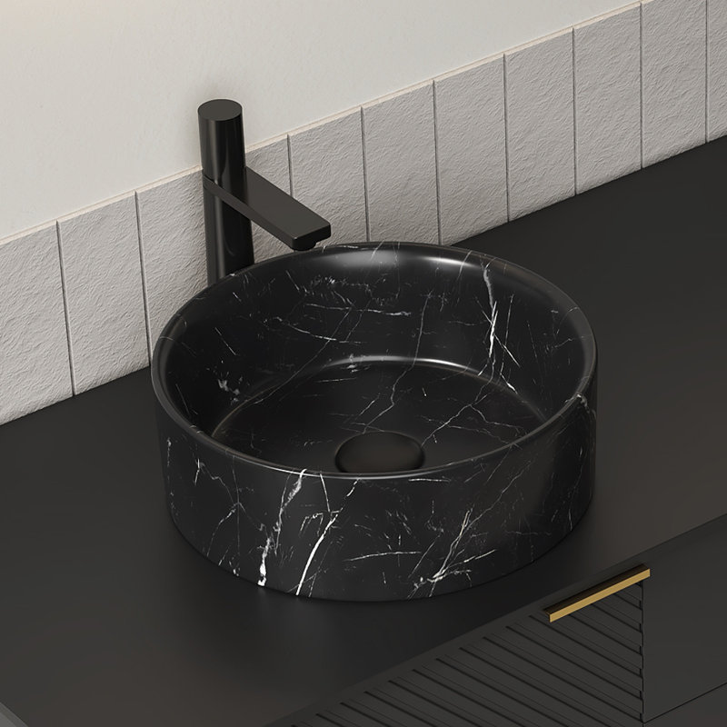 Bella 14" Bathroom Round Ceramic Vessel Sink with Stone Pattern, 14”, Stone Black Round
