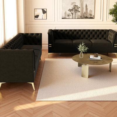 Mid-Century Modern Luxury 3-Velvet Black 2pc, Comfort and Elegance, Kd For Living Room