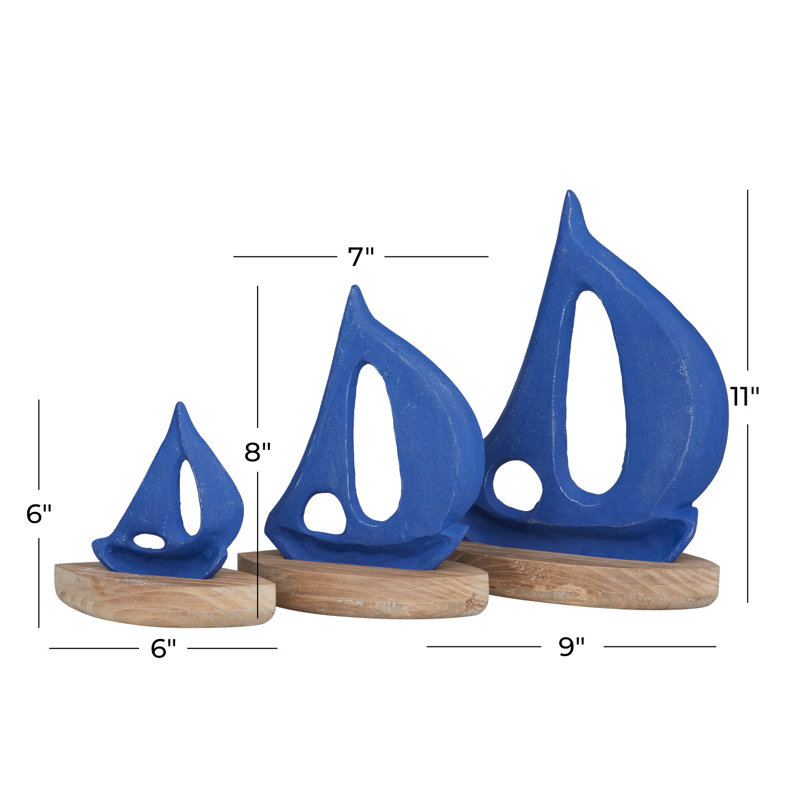 Phil 3-Piece Wood Sailboat Sculpture Set, Blue/Brown