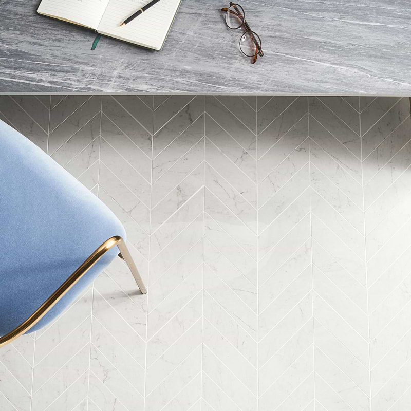 Dreamstone 2X8 Chevron Polished Porcelain Mosaic, Carrara Giola