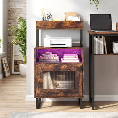 Table de chevet 2 pièces avec lumières DEL, table de bout moderne avec plateau supérieur, brun rustique à compartiment ouvert