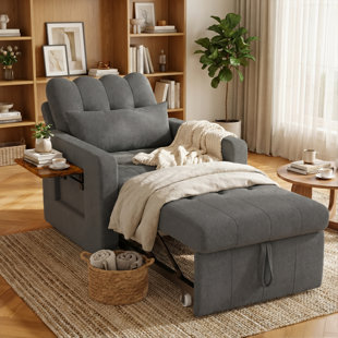 3-In-1 Chenille Convertible Sleeper Chair Bed With Side Table,  5-Position Adjustable Armchair With Storage Pocket