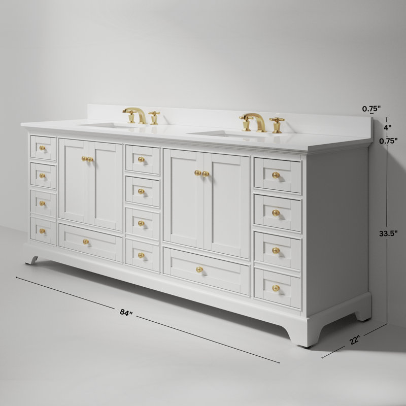 Audrey 84'' Free Standing Double Bathroom Vanity with Calacatta Quartz Top, White, Brushed Gold