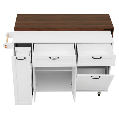 102.3" Kitchen Island with Extendable Dining Table, Kitchen Rolling Island Cart with Trash Storage Cabinet, 3-Tier Pull-Out Spice Rack, Mobile Island Table on Wheels for Kitchen, Dining Room