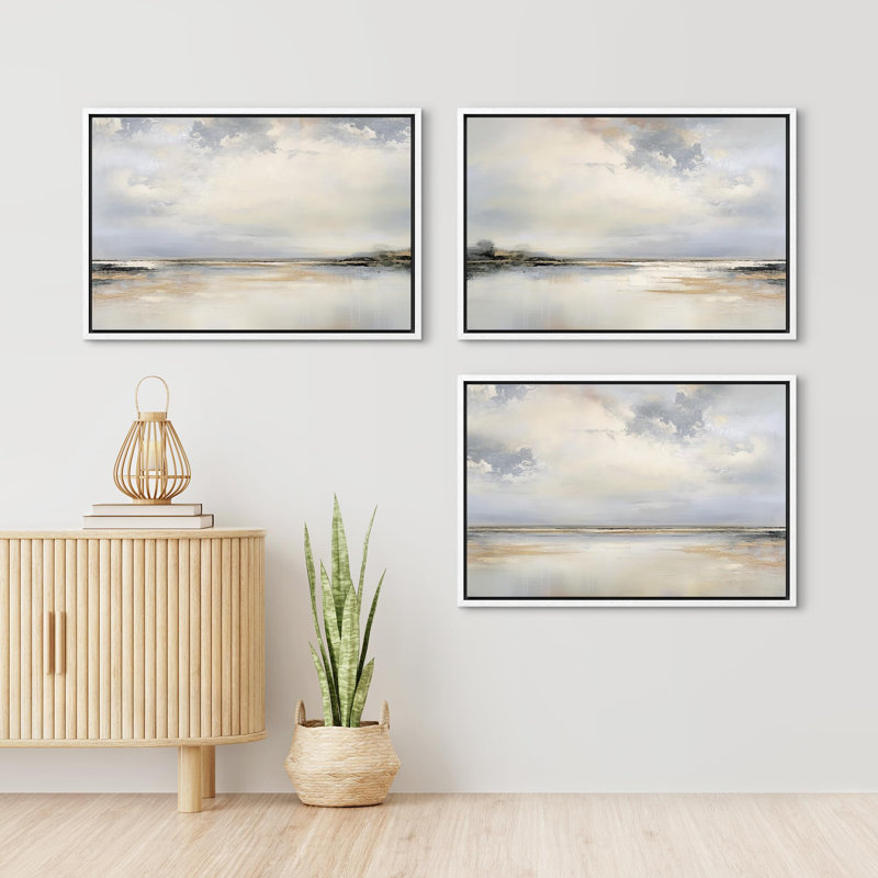 Minimal paysage nuages lac réflexion nature sauvage océan côtier illustrations 3 - pièces, H 24 po x l 36 po, Cadre blanc