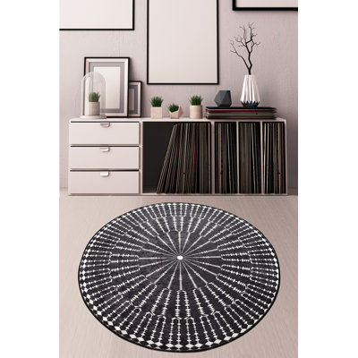 Stylish Round Area Rug, 6.6 ft Diameter, Black & White | 100% Polyester, 0.16 in Pile Height, Antibacterial, Non-Slip Underside | Machine Washable, Perfect for Living Room, Bedroom & Modern Décor