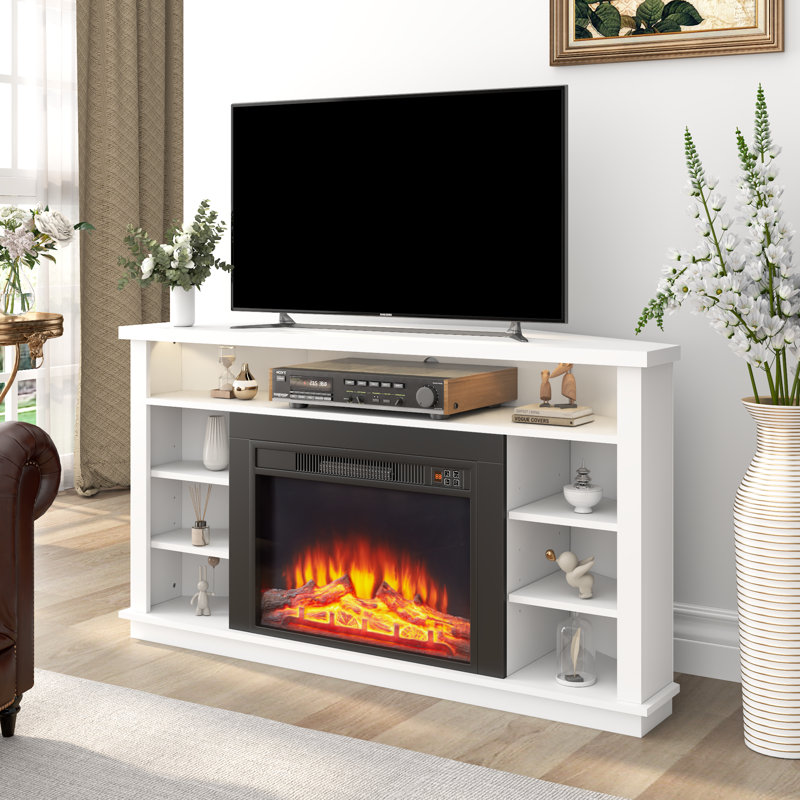  Meuble télé 53 po en coin pour téléviseur de 55 po et moins, meuble télé avec lumières DEL et tablettes réglables, console multimédia, blanc
