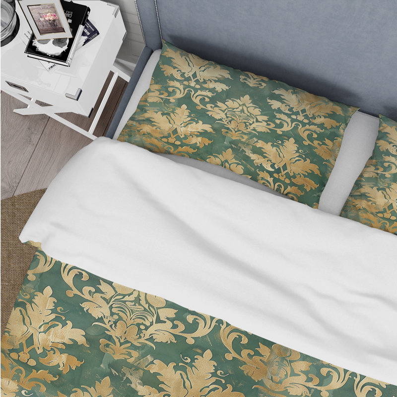 Ensemble de housse de couette damassé Glamour II doré et vert, Housse de couette très grand + 2 taies décorativ