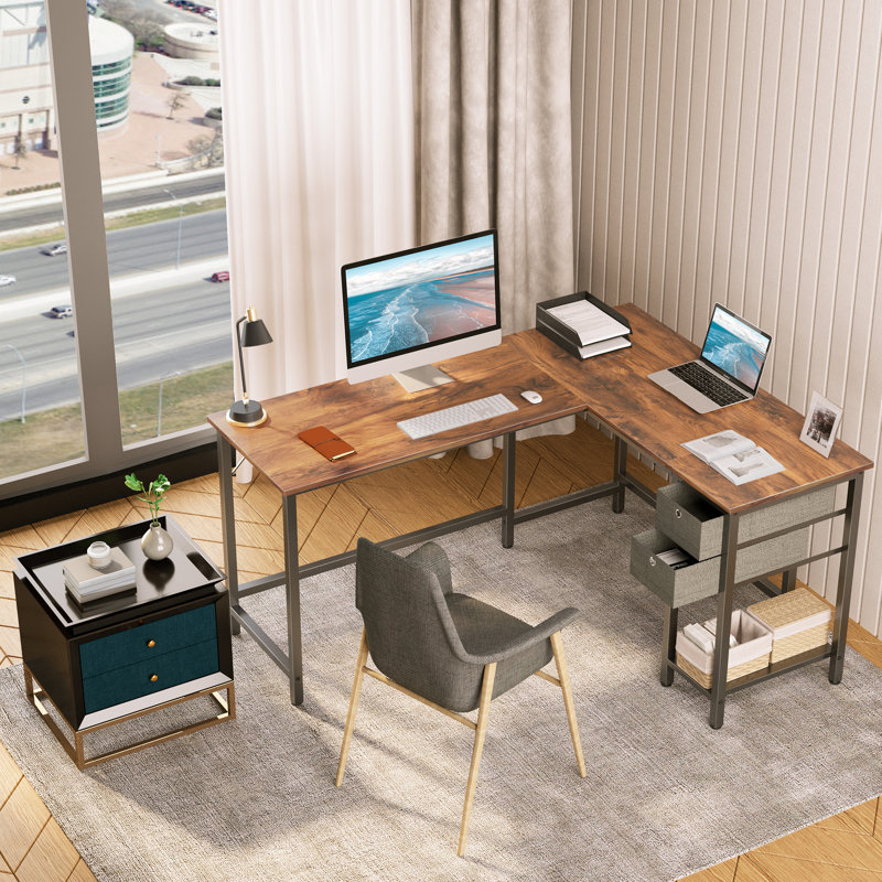 L-Shaped Metal Base Computer Desk, Dark Brown