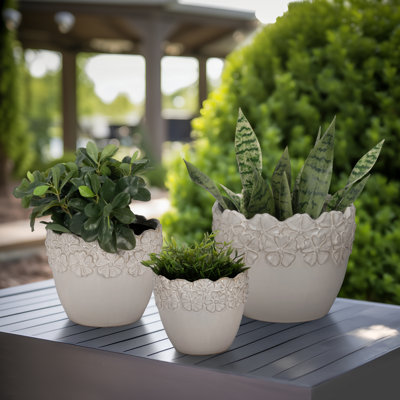 Modern Round Floral Ceramic Outdoor Planters for Garden Patio Decor - Decorative Indoor Flower Pots for Living Room & Home Display - Ivory & Tan