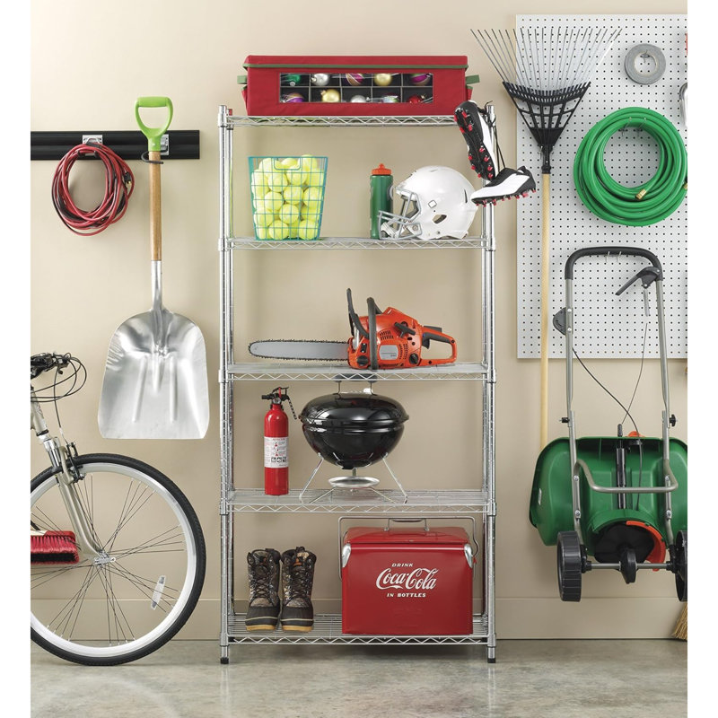 Étagère à 5 niveaux, tablettes de rangement en métal, capacité de 400 lb par tablette, 2000 lb au total, tablette réglable robuste, facile à assembler pour la cuisine, le garage, les plantes, L 36 po x l 14 po x H 72 po, chrome