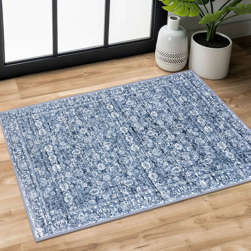 Tapis bleu lavable pour tapis de chambre à coucher avec envers en caoutchouc, Blue/White, Rectangle 2 pi x 3 pi