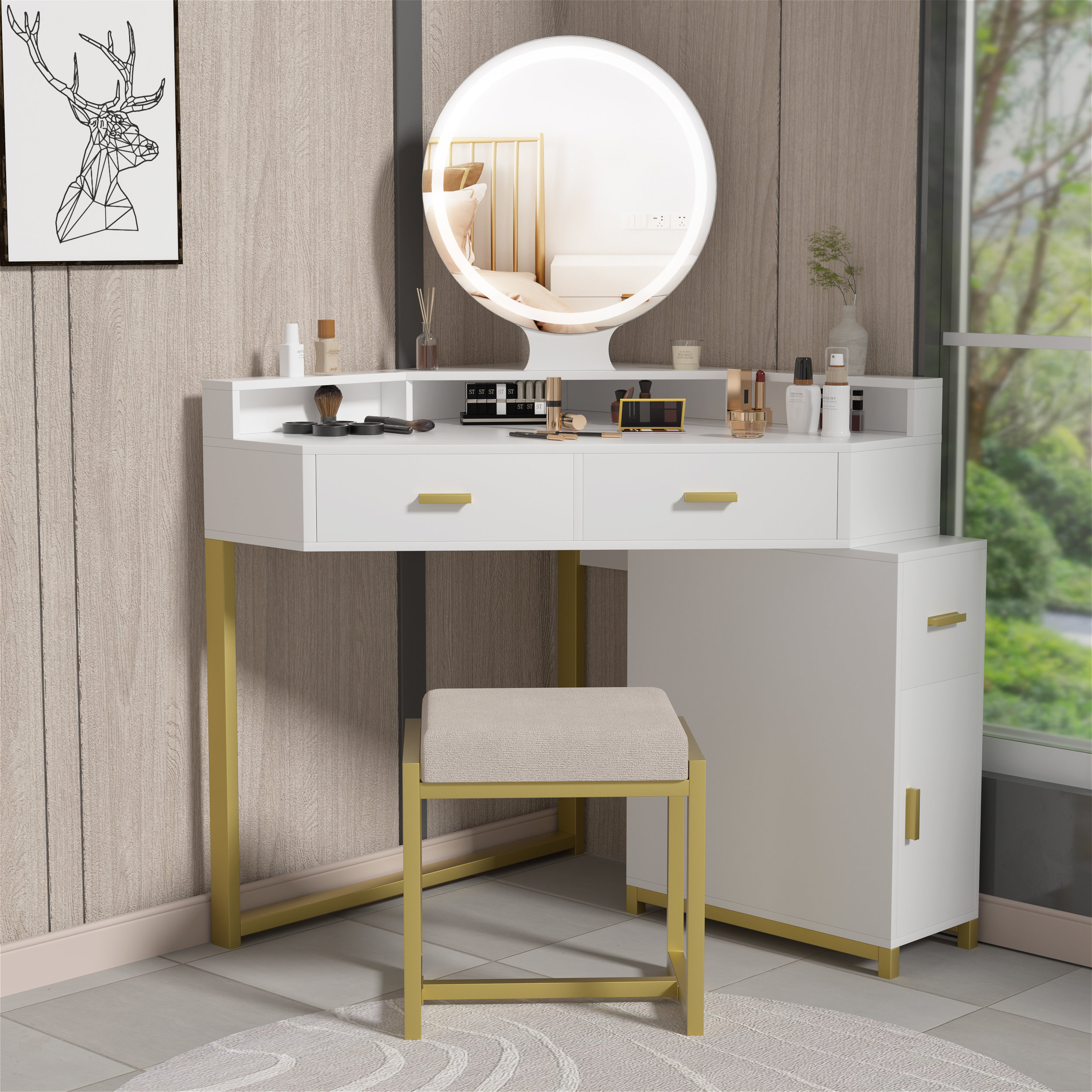 Makeup Corner Vanity Desk with Drawers Mirror and Light for Small Space  Dresser