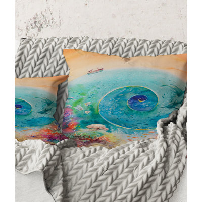 Carré, spirale océan turquoise avec poissons de récifs coralliens - Coussin décoratif imprimé nautique et côtier