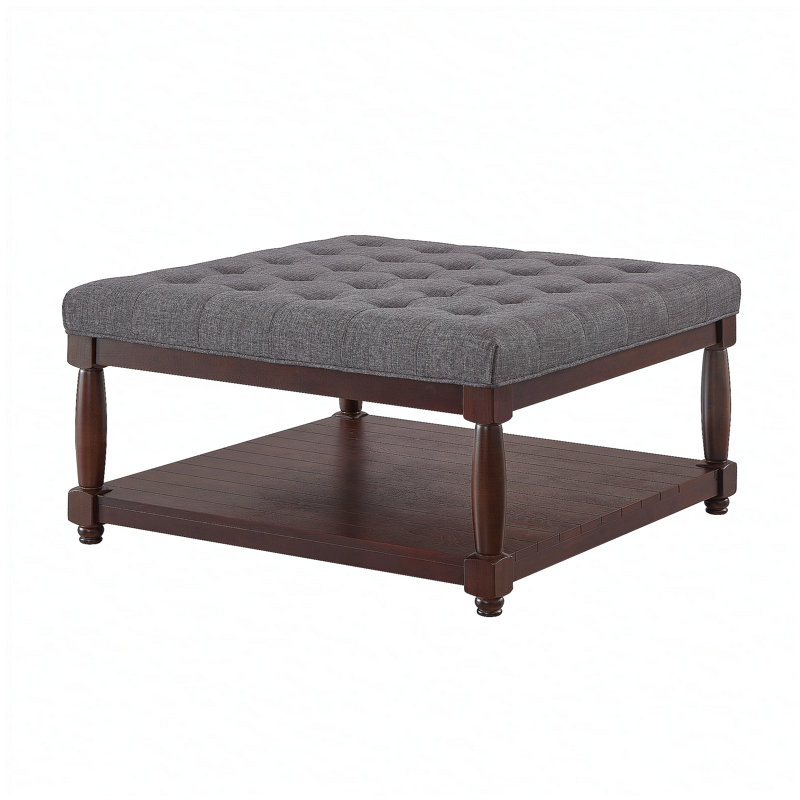 Grande table basse carrée avec repose-pieds en lin capitonné et grand repose-pieds avec tablette en bois massif - gris foncé