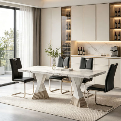 70.8" Modern Luxury Faux Marble Dining Table Set for 4, 5-Piece Kitchen Table Set with Unique Silver Flash-Shaped Stainless Steel Base and 4 Black PU