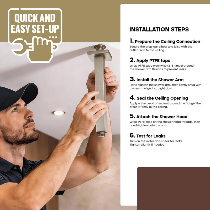Bras de douche à fixation au plafond droit 10 po avec bride, bras de douche carré pour douche à effet pluie, finition nickel