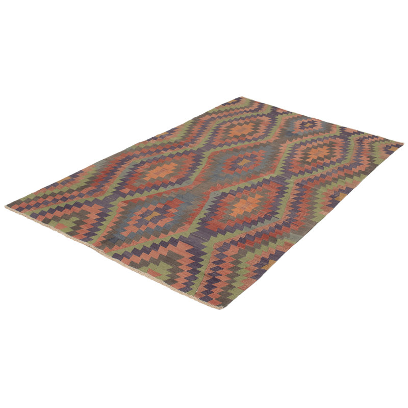 Tapis orange/mauve/vert en laine 6 pi 1 po x 10 pi 2 po one-of-a-kind fait main kilim SaintCroix