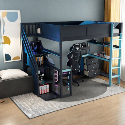 Lit mezzanine moderne avec rangement et bureau en bois, noir et bleu